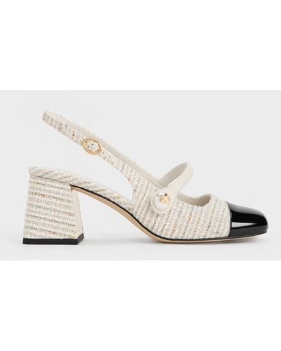 Charles & Keith Tweed Pearl Embellished Trapeze-heel Slingback Court Shoes - Natural