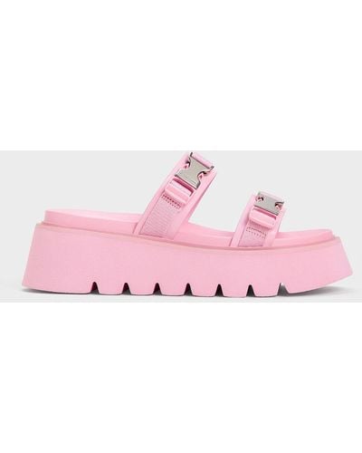 Charles & Keith Laine Metallic-buckle Flatform Sandals - Pink