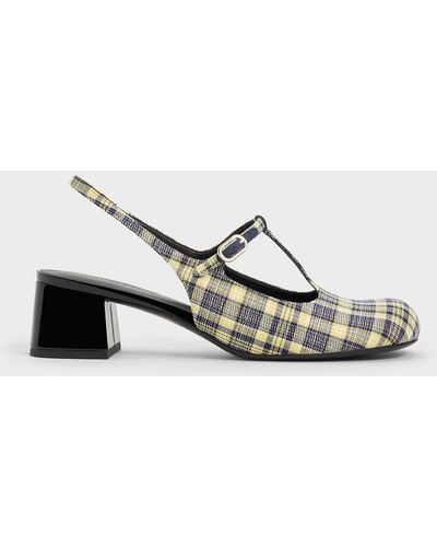 Charles & Keith Chequered T-bar Slingback Mary Jane Court Shoes - White