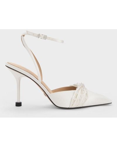 Charles & Keith Leda Beaded Satin Ankle-strap Court Shoes - White