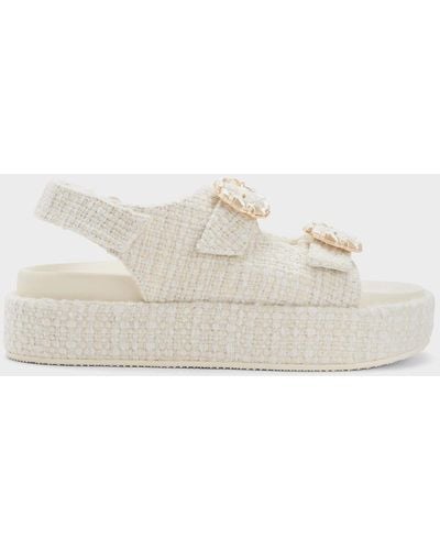 Charles & Keith Tweed Pearl-buckle Double Strap Sandals - Natural