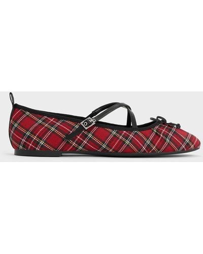 Charles & Keith Tartan-print Crossover-strap Mary Jane Flats - Red