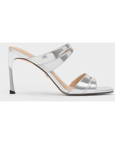 Charles & Keith Metallic Leather Double-strap Heeled Mules - White