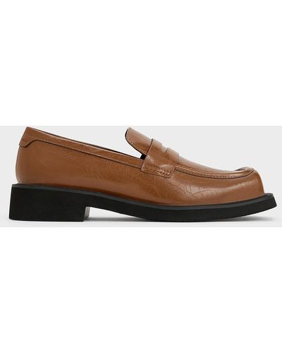 Charles & Keith Monique Crinkle-effect Square-toe Loafers - Brown