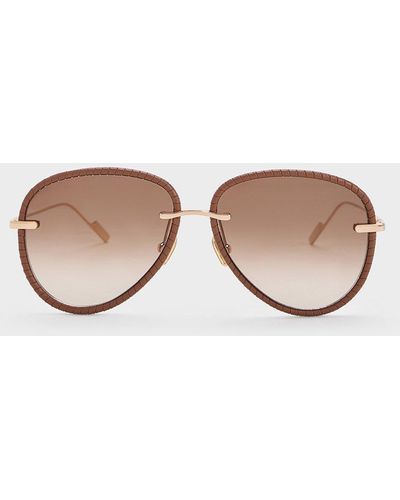 Charles & Keith Leather Braided-rim Aviator Sunglasses - Natural