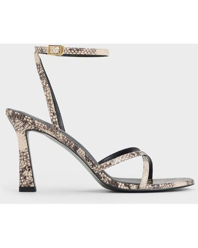 Charles & Keith Snake-print Crossover-strap Heeled Sandals - White