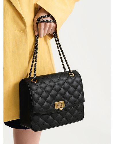 Black Leather-Look Quilted Chain Strap Shoulder Bag