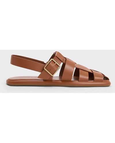 Charles & Keith Metallic Buckle Caged Slingback Sandals - Brown