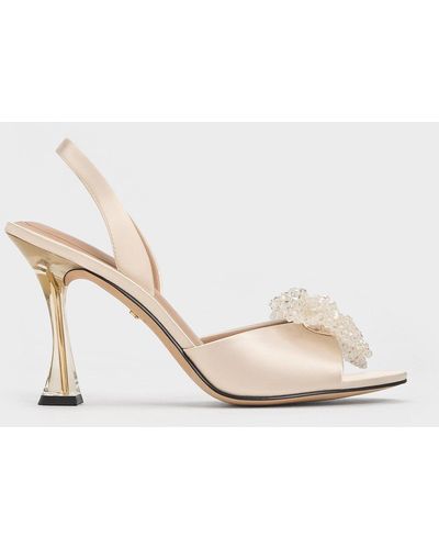 Charles & Keith Recycled Polyester Beaded Bow Slingback Court Shoes - Natural