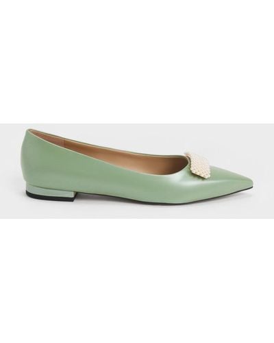 Charles & Keith Leather Pointed-toe Beaded Ballerinas - Green