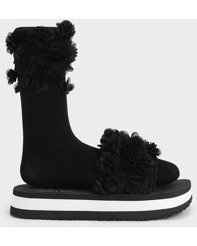 Charles & Keith Floral Mesh Flatform Sandals - Black