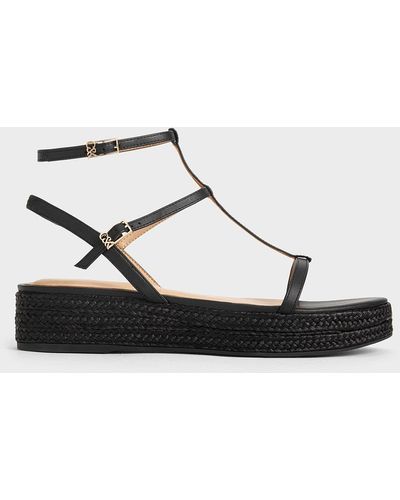Charles & Keith Leather T-bar Espadrille Sandals - Black