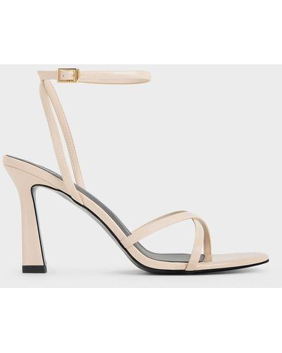 Charles & Keith Patent Crossover-strap Heeled Sandals - White