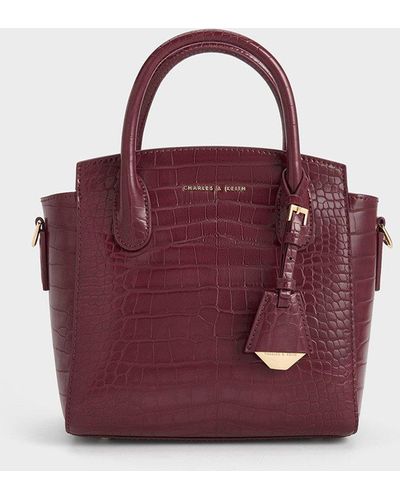 Charles & Keith Croc-effect Trapeze Structured Tote Bag - Purple