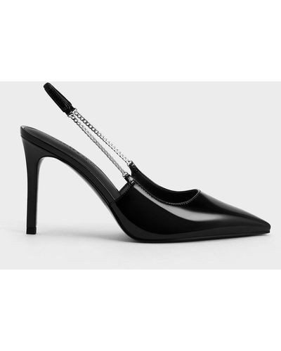 Charles & Keith Patent Chain-link Pointed-toe Slingback Court Shoes - Black