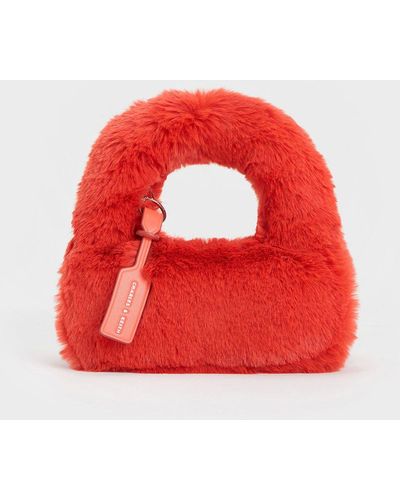 Charles & Keith Mini Yama Furry Top Handle Bag - Red