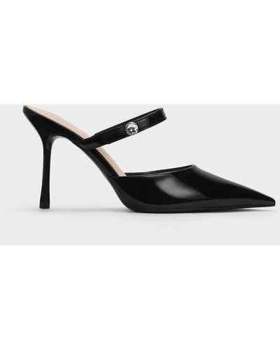 Charles & Keith Patent Crystal-accent Stiletto-heel Mules - Black