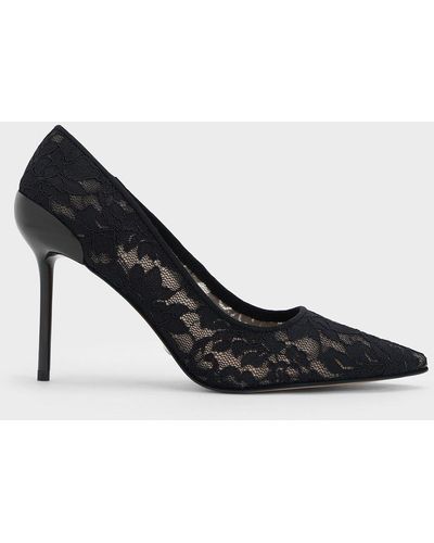 Charles & Keith Lace & Mesh Pointed-toe Court Shoes - Black