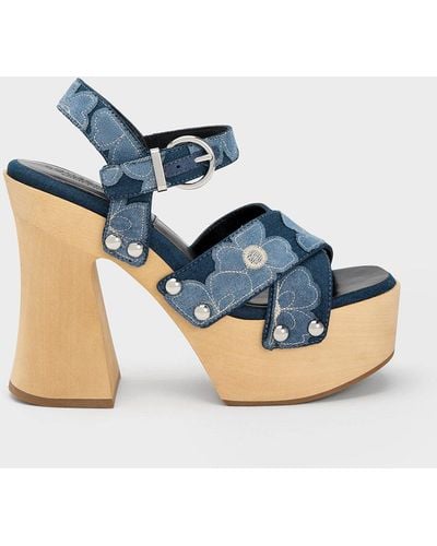Charles & Keith Tabitha Floral Denim Crossover Sandals - Blue