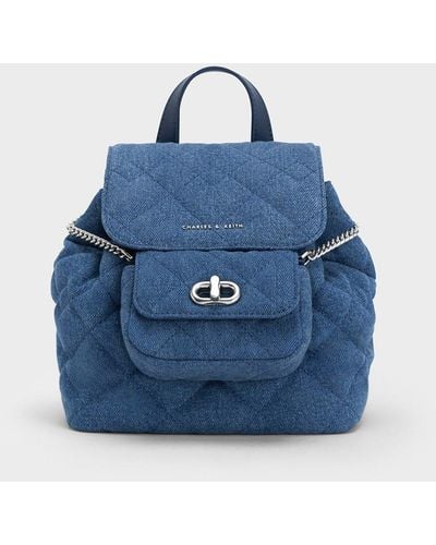 Charles & Keith Aubrielle Denim Quilted Backpack - Blue