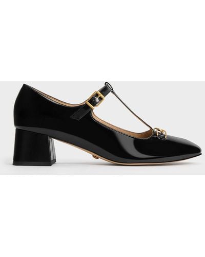 Charles & Keith Gabine Leather T-bar Mary Jane Court Shoes - Black