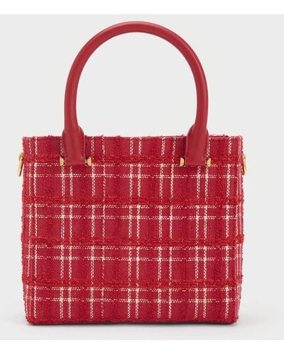 Charles & Keith Georgette Tweed Square Tote Bag - Red