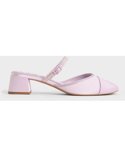 Charles & Keith Satin Buckled-strap Trapeze-heel Mules - Pink
