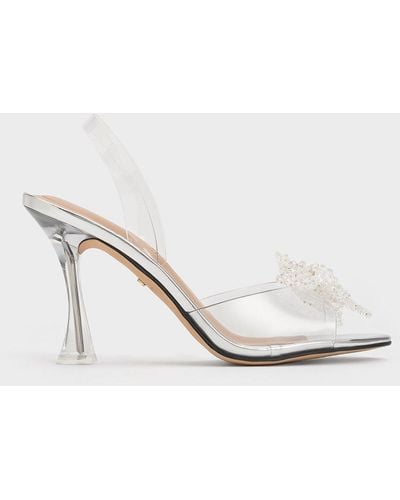 Charles & Keith See-through Beaded Bow Slingback Court Shoes - White