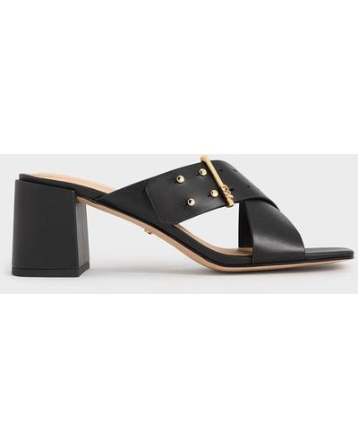 Charles & Keith Leather Crossover Block Heel Mules - Black