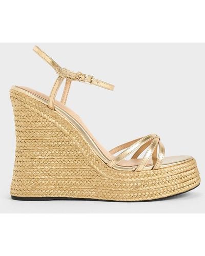 Charles & Keith Leather Metallic Strappy Espadrille Wedges - Natural