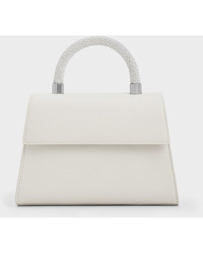 Charles & Keith Trapeze Crystal-embellished Top Handle Bag - White
