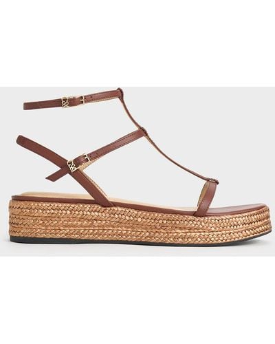 Charles & Keith Leather T-bar Espadrille Sandals - Brown