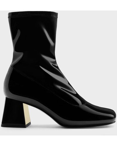 Charles & Keith Patent Metallic Trapeze Heel Ankle Boots - Black