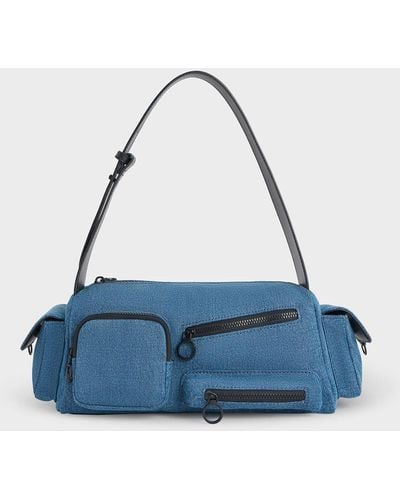 Charles & Keith Mathilda Denim Multi-pocket Shoulder Bag - Blue