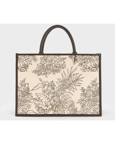Charles & Keith Floral Illustrated Canvas Shoulder Bag in Natural