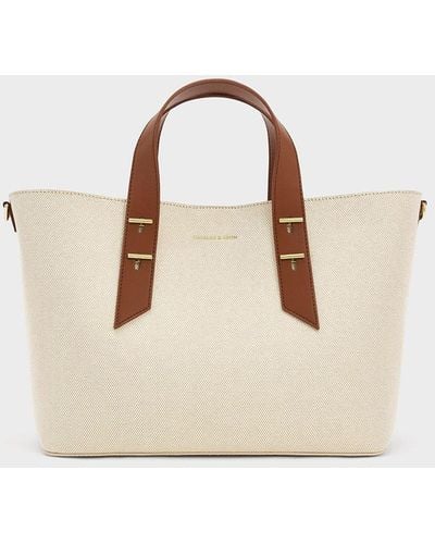 Charles & Keith Canvas Metallic-accent Double Handle Bag - Natural