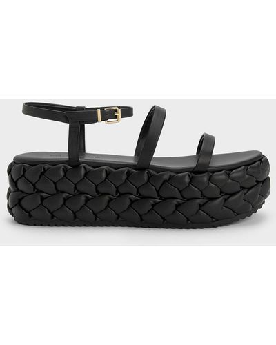 Charles & Keith Tali Leather Braided Flatforms - Black