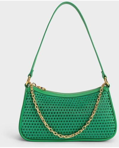 Charles & Keith Crystal-embellished Satin Shoulder Bag - Green