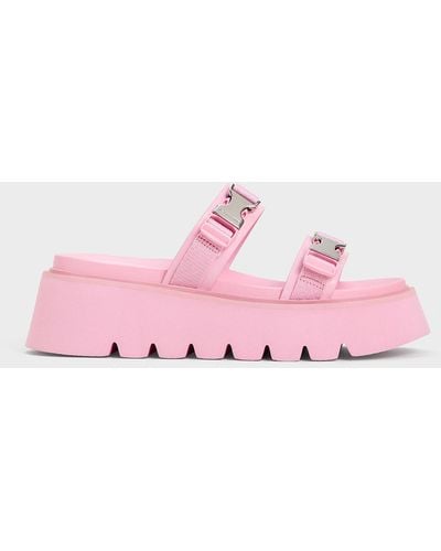 Charles & Keith Laine Metallic-buckle Flatform Sandals - Pink