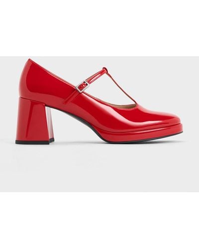 Charles & Keith Crystal-buckle T-bar Mary Jane Court Shoes - Red