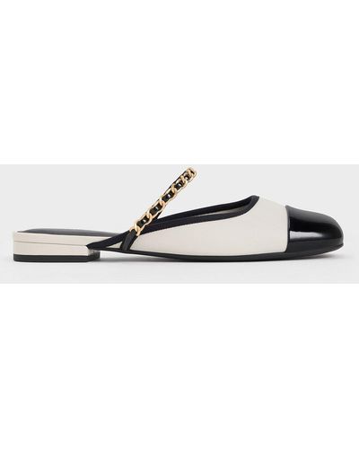 Charles & Keith Patent Two-tone Chain-strap Mules - White