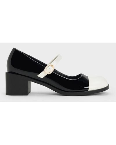 Charles & Keith Patent Crystal-embellished Buckle Two-tone Mary Janes - Black