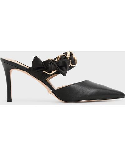 Charles & Keith Satin Bow Leather Mules - Black