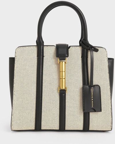 Charles & Keith Cesia Canvas Metallic Accent Tote Bag - Natural