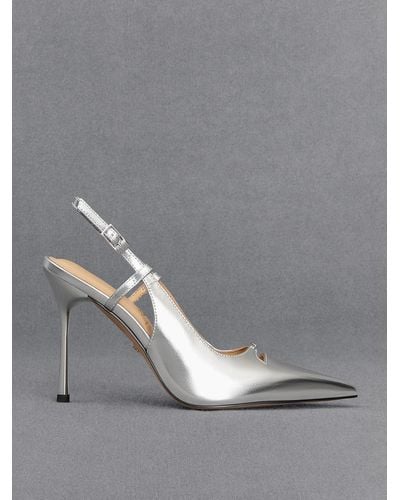 Charles & Keith Metallic Leather Pointed-toe Slingback Court Shoes - Grey