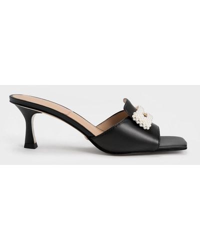 Charles & Keith Beaded Leather Square-toe Mules - Black