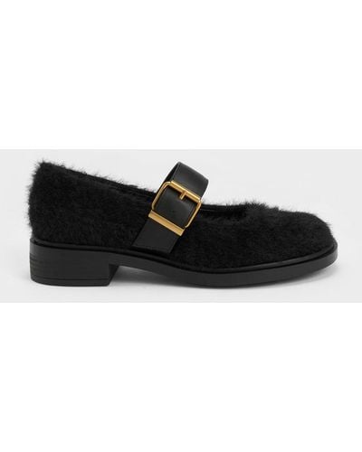 Charles & Keith Leather Furry Mary Janes - Black