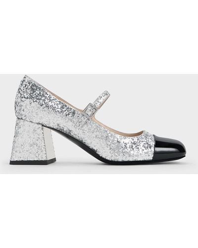 Charles & Keith Patent Glittered Trapeze-heel Mary Janes - White