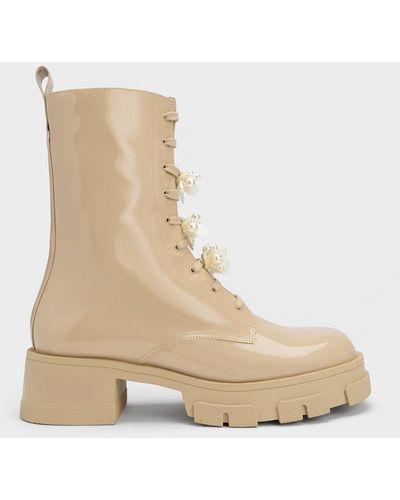 Charles & Keith Hayden Bead-embellished Patent Boots - Natural