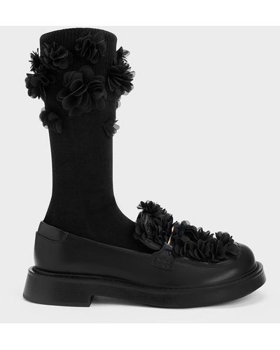 Charles & Keith Floral Mesh Loafers - Black